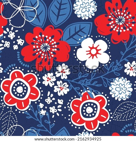 Red, white, and blue colored liberty floral. This repeating vector pattern is colored to celebrate American summer holidays. Bring it to a picnic this July as a surface design or background.