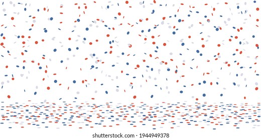 Red white blue confetti rain on white background 