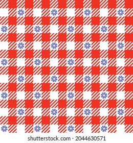 Funda de gingham de margarita roja, blanca y azul. Patrón de control vectorial sin inconvenientes para la moda, la decoración del hogar y la estacionalidad.