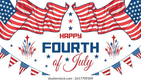 As decorações vermelhas brancas e azuis adornam o fundo mostrando bandeiras vibrantes e fogos de artifício. O projeto transmite um espírito festivo para as celebrações do Dia da Independência em todos os Estados Unidos.