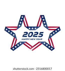 El diseño rojo, blanco y azul fusiona el orgullo nacional con el espíritu festivo. La Tipografía Moderna Se Une Al Simbolismo Tradicional. Patriotic Star Heralds 2025: Logo de la celebración del año Nuevo estadounidense.