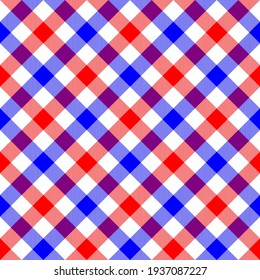 Red, White And Blue Diagonal Gingham. Seamless Vector Plaid Pattern Suitable For Fashion, Interiors And Holiday Decor.