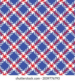 Red, white and blue diagonal herringbone plaid. Seamless vector tartan pattern suitable for fashion, home decor and stationary.