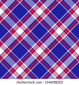 Red, white and blue diagonal plaid. Seamless vector check pattern suitable for fashion or interiors.