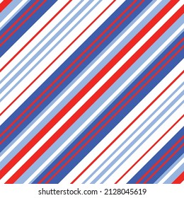 Red white and blue diagonal stripe. Seamless vector bias linear pattern suitable for fashion, home decor and stationary.