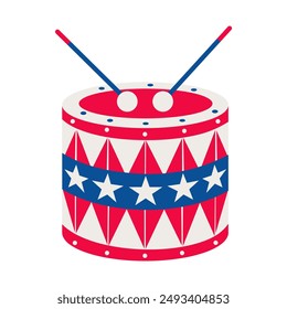 A red, white and blue drum with stars and a red and blue stripe