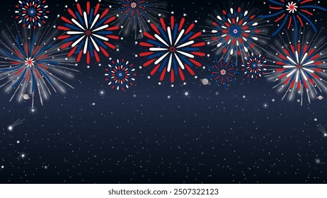Red, white, and blue fireworks exploding over a starry night sky, perfect for patriotic celebrations, 4th of July events, or festive holiday backgrounds.