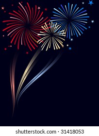 Red white and blue fireworks with explosion and color trails and space for copy