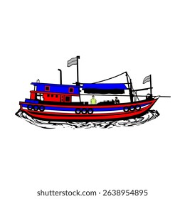 red white blue fishing boat side view vector illustration