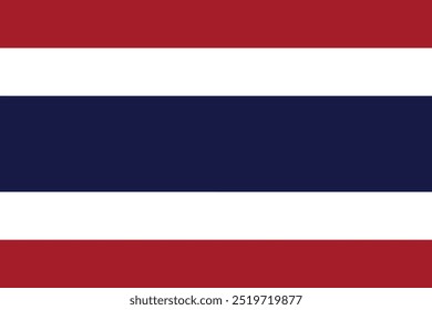 Uma bandeira vermelha, branca e azul com uma faixa azul. A bandeira é da Tailândia. As cores são brilhantes e ousadas, dando à bandeira uma sensação de energia e emoção