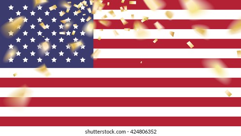 Red white and blue flag wave with party confetti. Vector illustration.