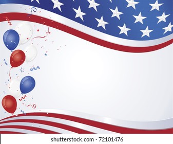 Red white and blue flag wave with party balloons