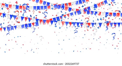 Red, white, blue flags, confetti on white. Concept in colors flag of USA, chile, france, netherland, australia, united kingdom. American Independence Day or President Day backdrop. Vector seamless