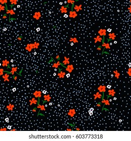 Red, white and blue flowers with green leaves. Seamless pattern repeat. 