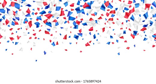 Red, white, blue glossy confetti flying on white. Flying tinsel sparkles, gradient foil confetti falling in colors of USA flag. American Independence Day or President Day backdrop. Vector seamless