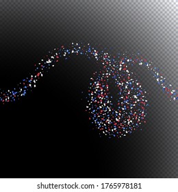 Red, white, blue glossy confetti flying on dark. Flying tinsel sparkles, gradient foil confetti falling in colors of USA flag. American Independence Day or President Day backdrop. Vector seamless