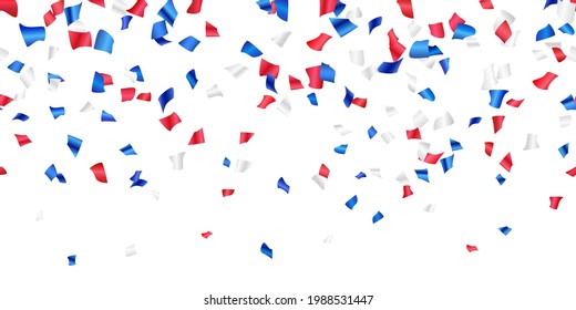 Red, white, blue glossy confetti flying on white. Flying tinsel sparkles, gradient foil confetti falling in colors of USA flag. American Independence Day or President Day backdrop. Vector seamless