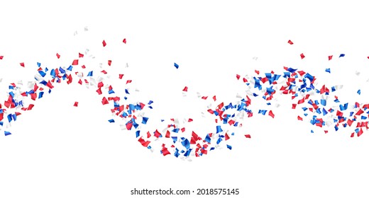 Red, white, blue glossy confetti flying on white. Flying tinsel sparkles, gradient foil confetti falling in colors of USA flag. American Independence Day or President Day backdrop. Vector seamless