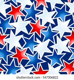 Red white and blue glowing stars seamless pattern .