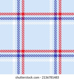 Red, white and blue grid check. Seamless vector plaid pattern suitable for fashion, home decor and stationary.