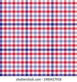 Red, white and blue grid gingham. Seamless vector plaid pattern suitable for fashion, home decor, stationary and patriotic products.