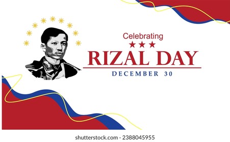 Red White Blue Happy Rizal Day Greeting Card with Silhouette and Wavy Background