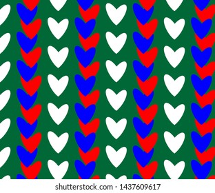Red, white and blue heart pattern on a green background