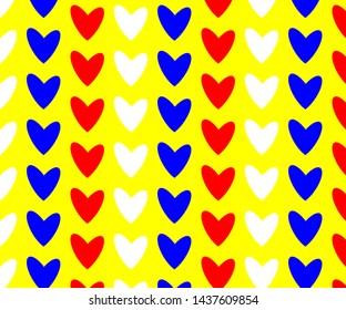 Red, white and blue heart pattern on a yellow background