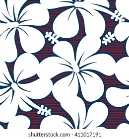 Red white and blue hibiscus lines seamless pattern .