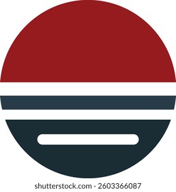 a red, white and blue logo with a black stripe