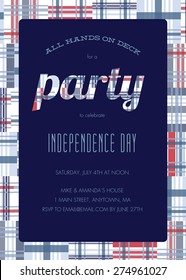 Red, White and Blue Nautical Madras Pattern Party Invitation Template - Vector