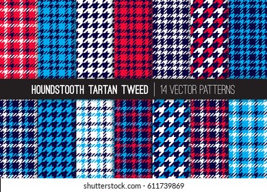 Red, White, Blue and Navy Houndstooth Tartan Tweed Vector Patterns. Patriotic Colors. July 4th Independence Day.  Set of Classy Fashion Dogs-tooth Check Fabric Textures. Pattern Tile Swatches Included