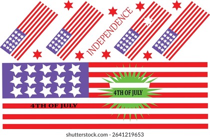Red white blue patriotic banner collage with multiple flag elements and festive Fourth of July holiday decoration concept
