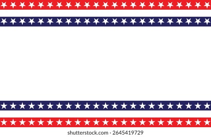 Red, white, and blue patriotic banner frame with star stripes on top and bottom. Ideal for national celebration designs, political flyers, invitations, or American-themed backgrounds.
