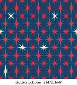 Red, white and blue patriotic Mid-century 1950s modern starburst pattern.