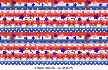 Red, white, and blue pattern with American flags, stars, and stripes. The design features vibrant, textured rows creating a festive, patriotic feel.