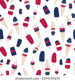 Red white and blue popsicle and hand drawn ice creams. Fabric design seamless summer theme pattern