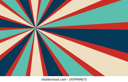 Red white and blue retro background, radial stripes in bold groovy color sunburst or starburst design, July 4th background vector