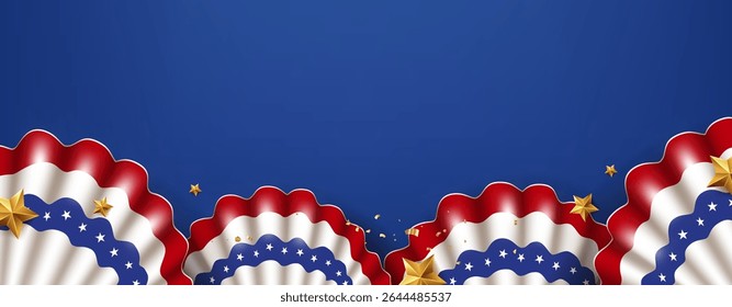 Red white and blue ribbon with golden stars on blue background, ideal for USA Independence Day banners, cards, or patriotic designs.