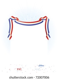 Red White Blue Ribbon Over White Copy Space, Reflective Surface Floor And Star Burst Background