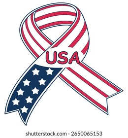 A red, white, and blue ribbon with the word USA and star elements. Patriotic design.