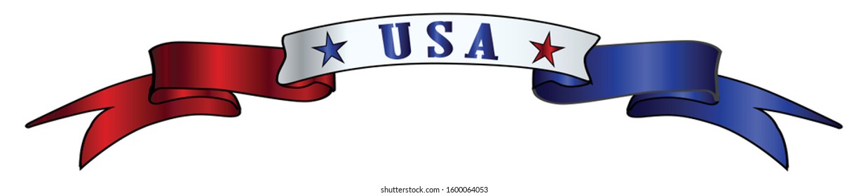 A red white and blue satin or silk ribbon banner with the text USA and stars
