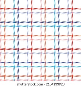 Comprobación de la rejilla de sombra roja, blanca y azul. Patrón de platillos vectoriales sin igual adecuado para la moda, la decoración del hogar y el estacionario.