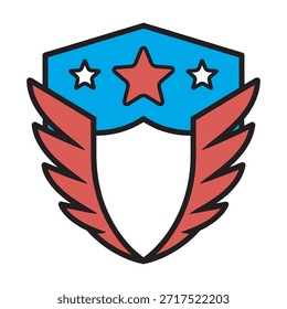 Red, white, and blue shield emblem with stars and wings icon