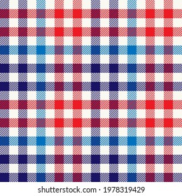 Red, white and blue shirt gingham plaid. Seamless vector check pattern suitable for fashion, home decor and stationary.