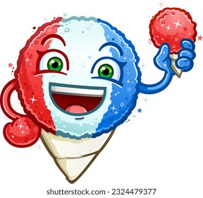 Red white and blue snow cone cartoon character holding a cherry snowcone smiling big on the fourth of july and sporting America's colors for the holiday