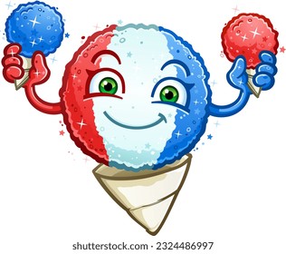 Red white and blue snow cone cartoon character holding cherry and blue raspberry snowcones and smiling big on the fourth of july and sporting America's colors for the holiday