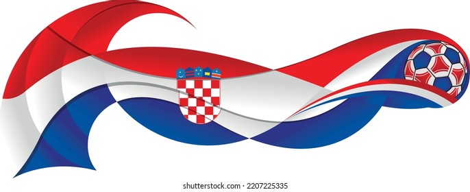 Red, white and blue soccer ball leaving a wavy trail with the colors of the Croatian flag on a white background. Vector image