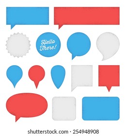 Red, white and blue speech bubbles and labels with rough edges.