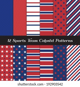 Red, White and Blue Sports Team Colored Seamless Patterns. Sports Backgrounds in Stripes, Stars and Jersey Texture Patterns. Pattern Swatches with Global Colors.